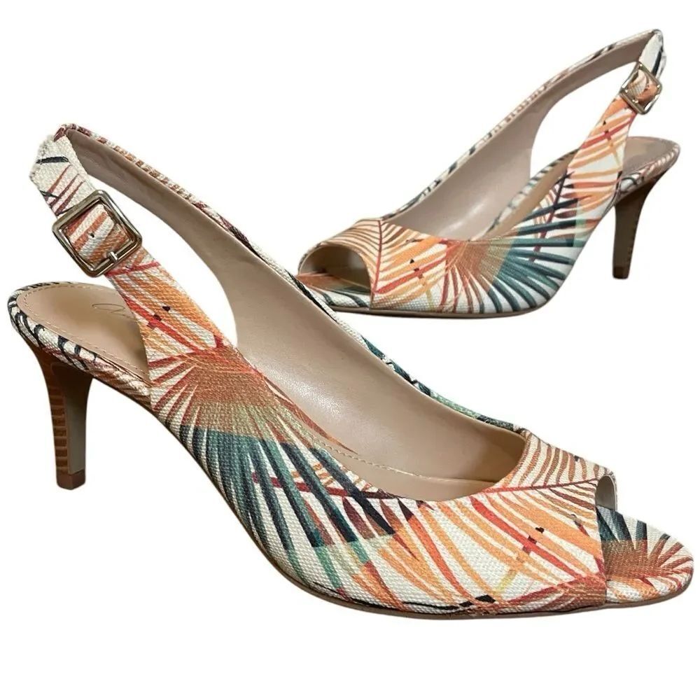 Nwob Amelia Grace Korine Palm Spring Print Slingback Heel Cream Orange Green 7